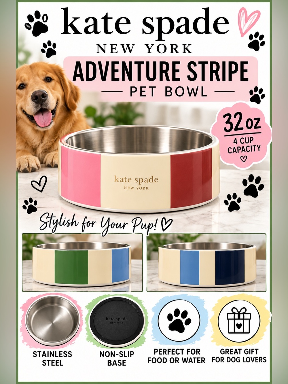 Kate Spade New York Adventure Stripe 32 Oz Stainless Steel Pet Dog Bowl NWT